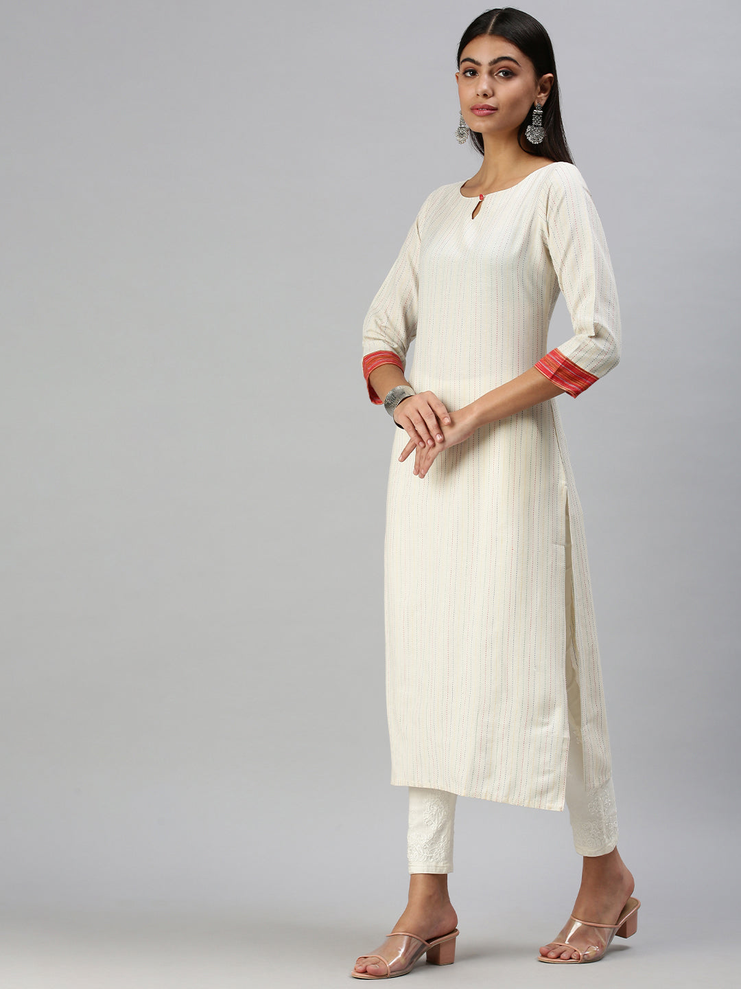 Women's White Striped Keyhole Neck Straight Kurta