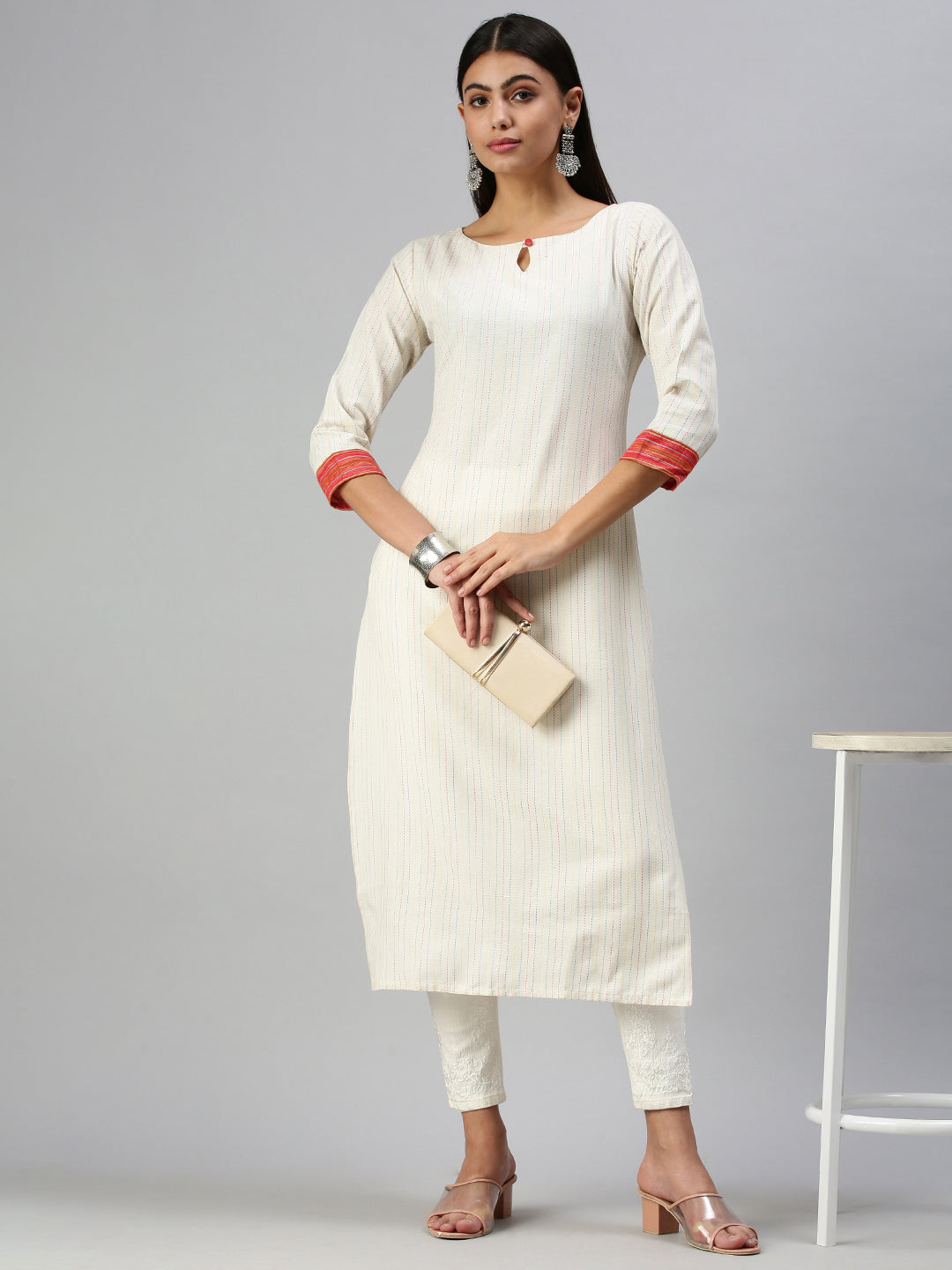 Women's White Striped Keyhole Neck Straight Kurta