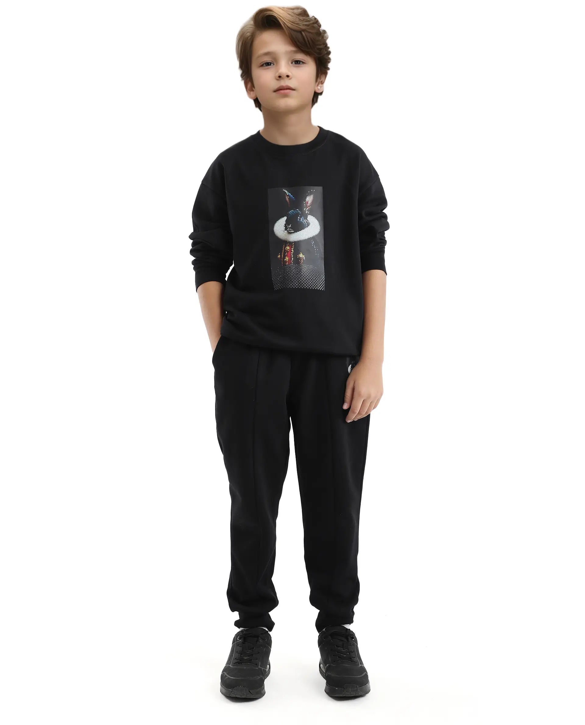 Rare Ones Kids Rib Black Cotton Cmyk Print Trackpant