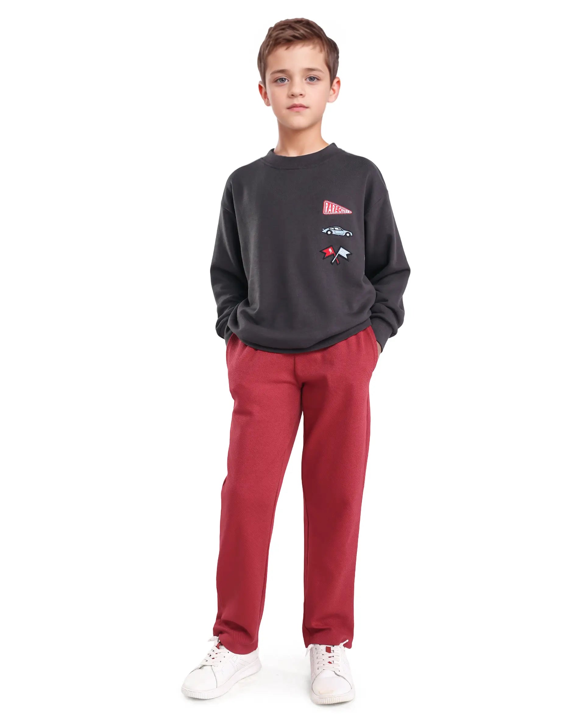 Rare Ones Kids Riker Dark Grey Cotton Pull On Crew Neck Full Sleeves Fit Sweatshirt