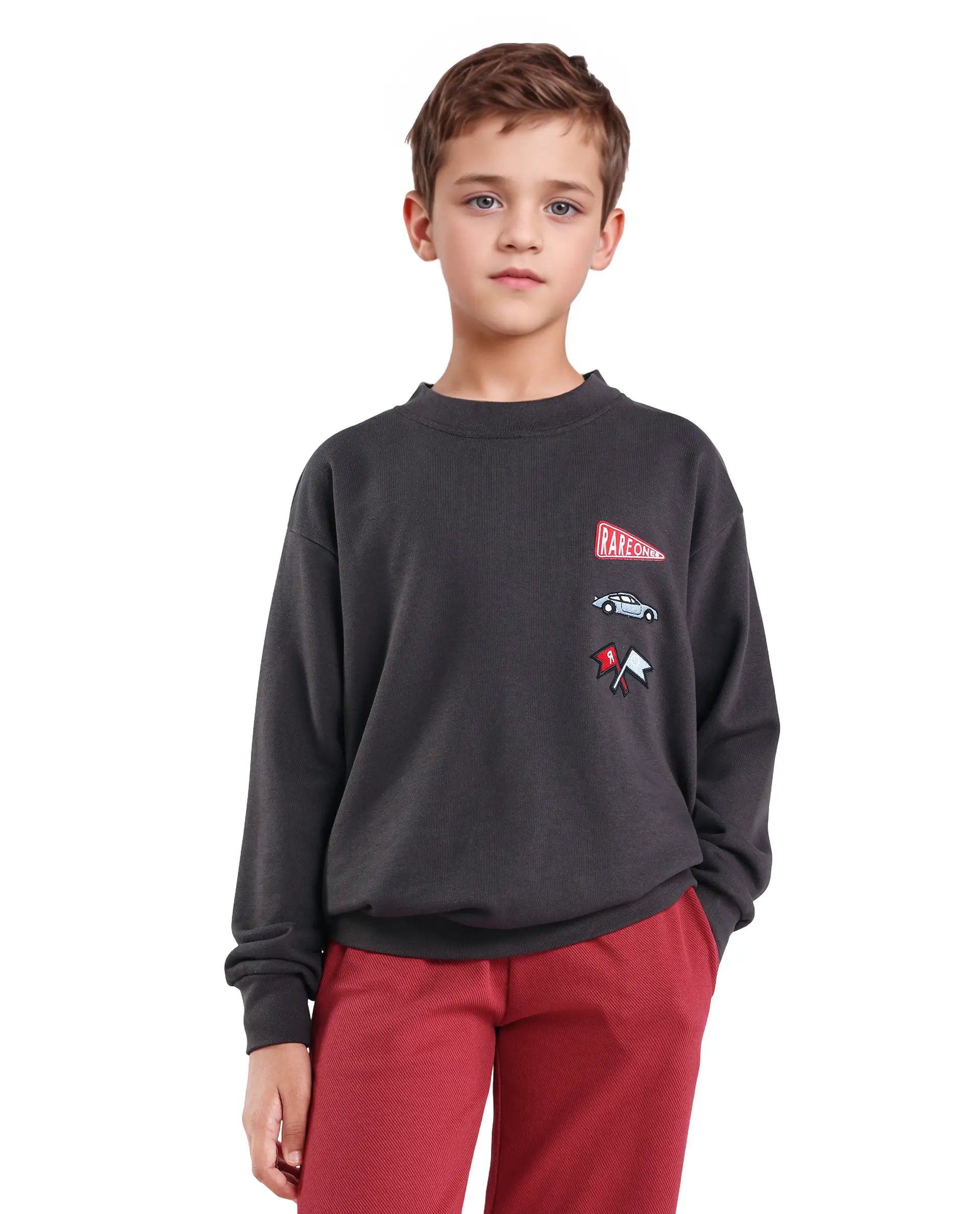 Rare Ones Kids Riker Dark Grey Cotton Pull On Crew Neck Full Sleeves Fit Sweatshirt