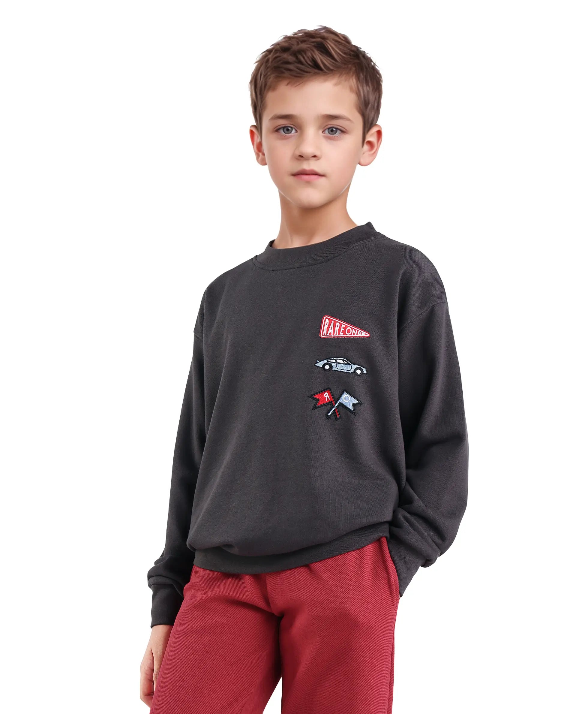 Rare Ones Kids Riker Dark Grey Cotton Pull On Crew Neck Full Sleeves Fit Sweatshirt