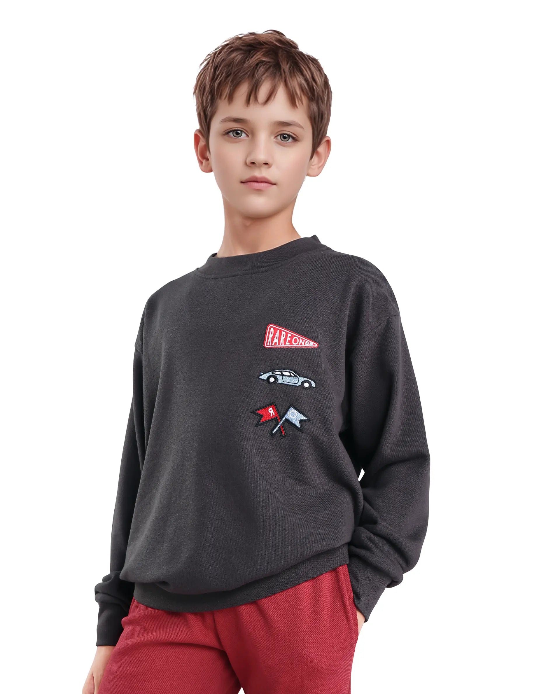 Rare Ones Kids Riker Dark Grey Cotton Pull On Crew Neck Full Sleeves Fit Sweatshirt