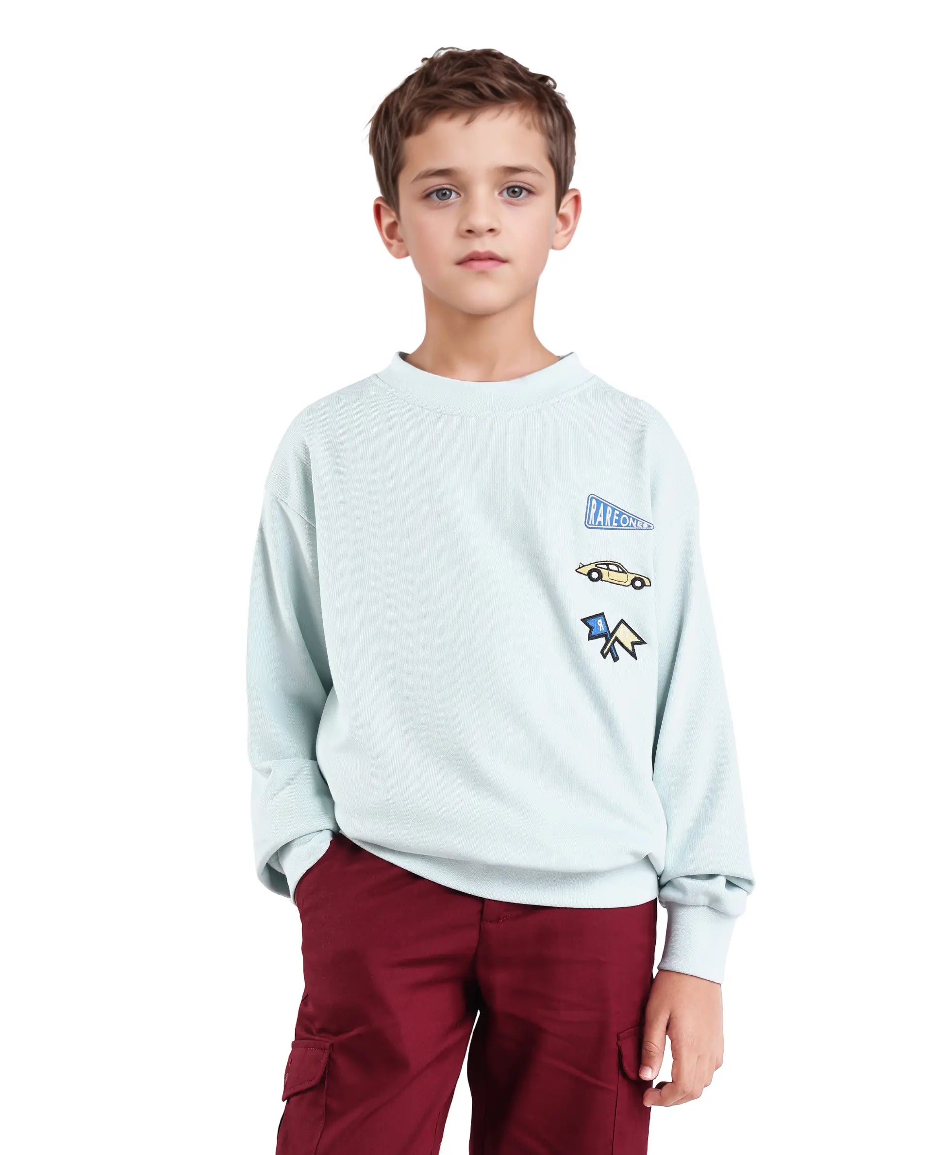 Rare Ones Kids Riker Pastel Blue Cotton Pull On Crew Neck Full Sleeves Fit Sweatshirt