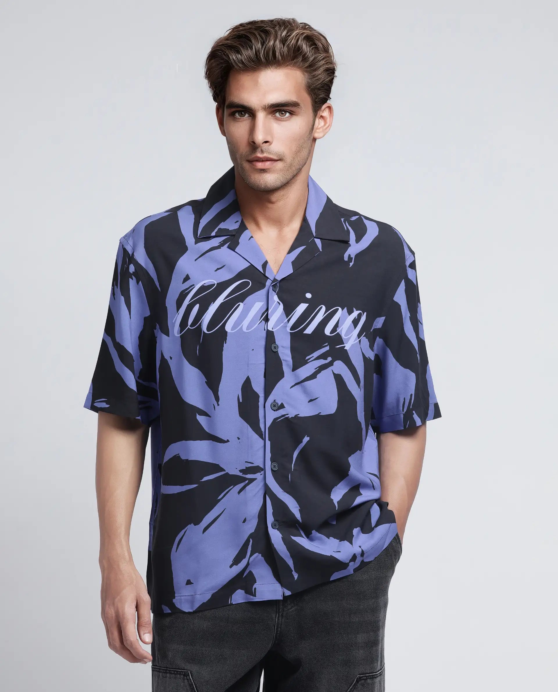 Rare Rabbit Men's Rinz Black Viscose Abstract Print Oversized Fit Half Sleeve Cuban Collar Shirt