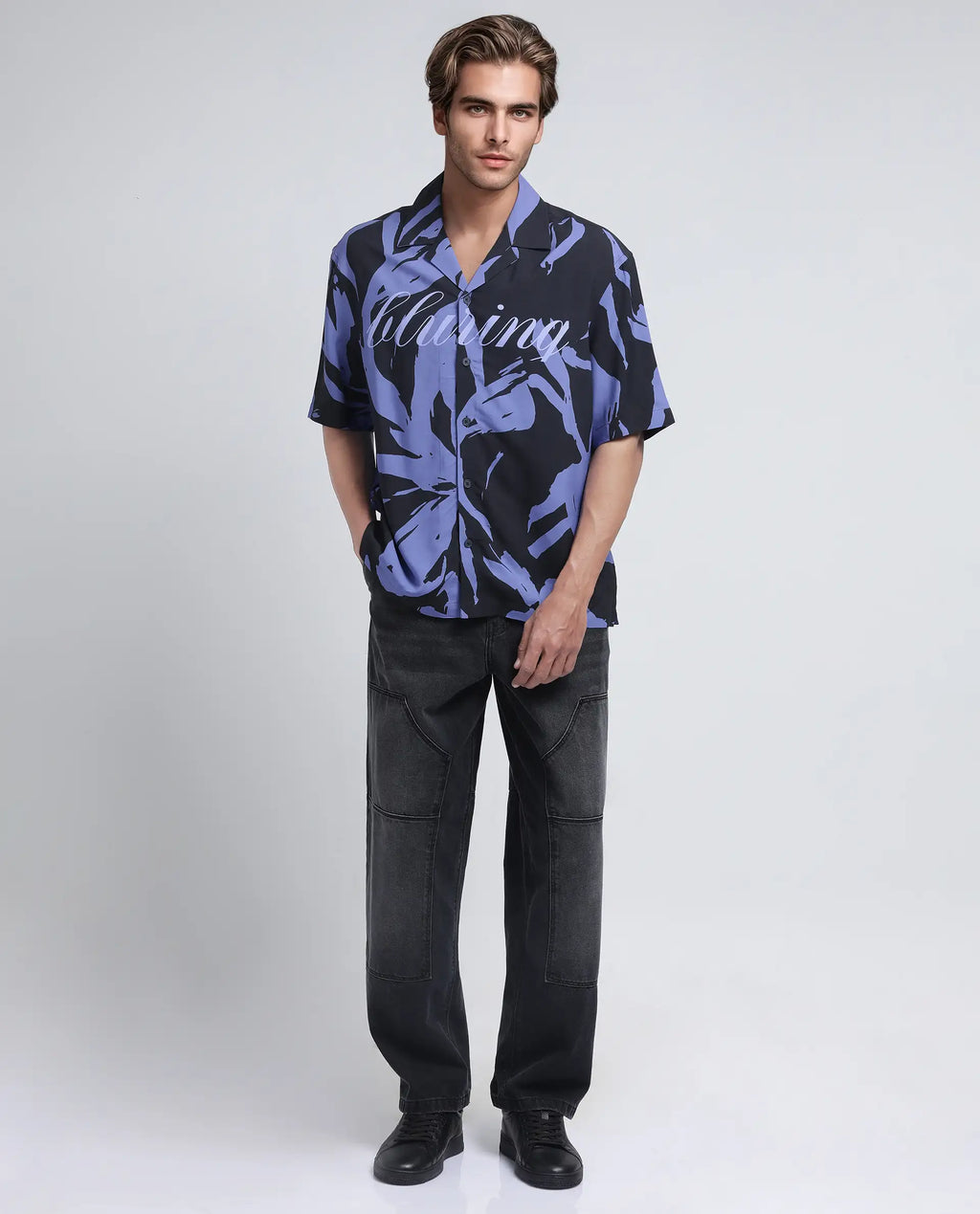 Rare Rabbit Men's Rinz Black Viscose Abstract Print Oversized Fit Half Sleeve Cuban Collar Shirt
