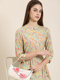 Women's Beige Abstract Printed Belted Detail A-Line Kurta