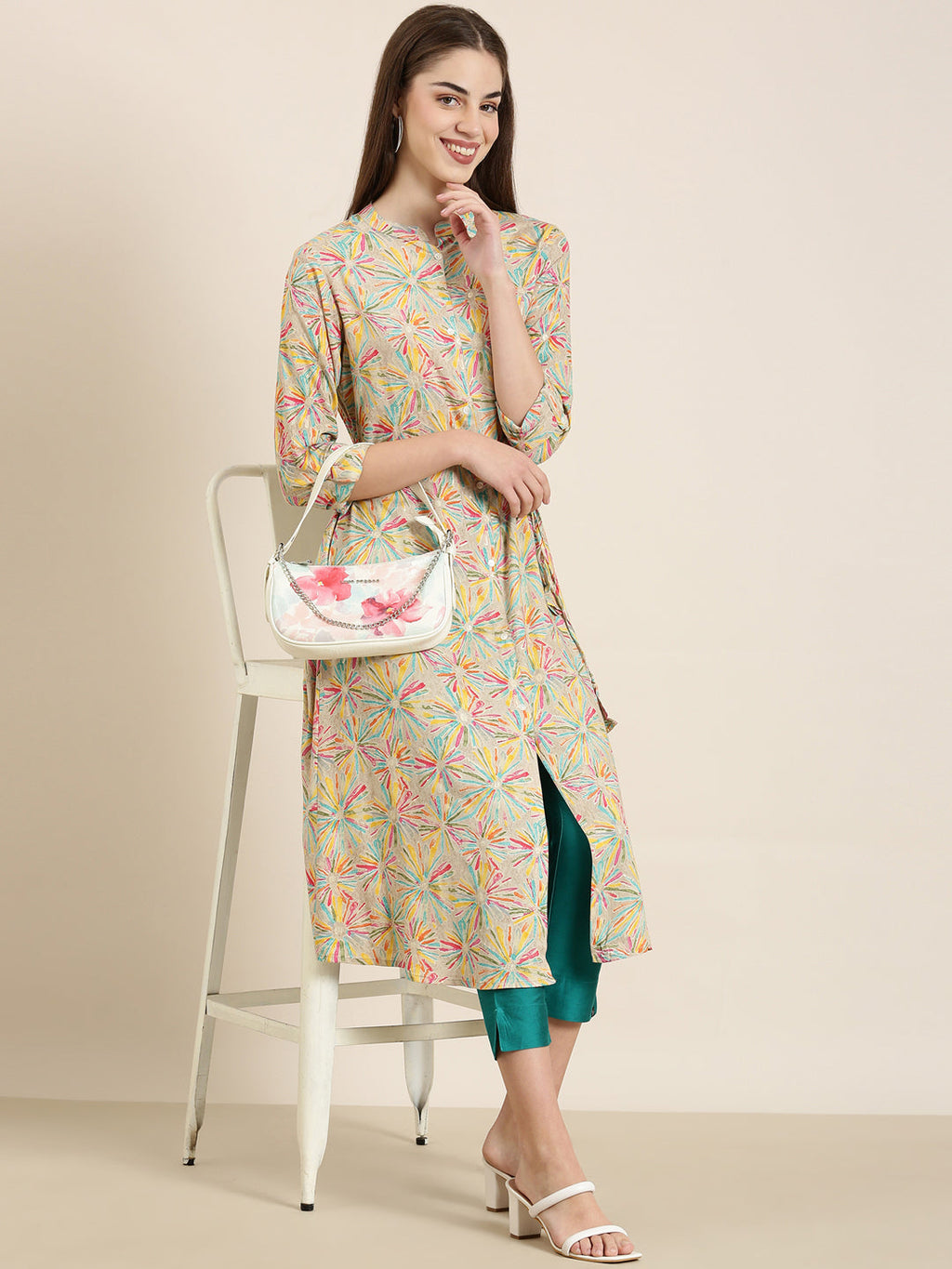Women's Beige Abstract Printed Belted Detail A-Line Kurta
