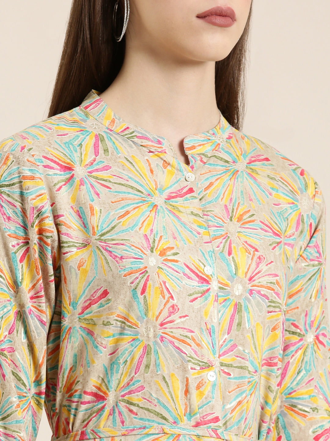 Women's Beige Abstract Printed Belted Detail A-Line Kurta
