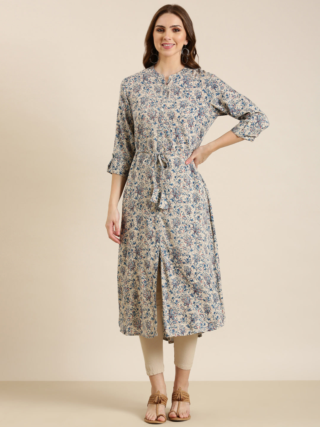 Women's Grey Floral Printed Cotton A-Line Kurta