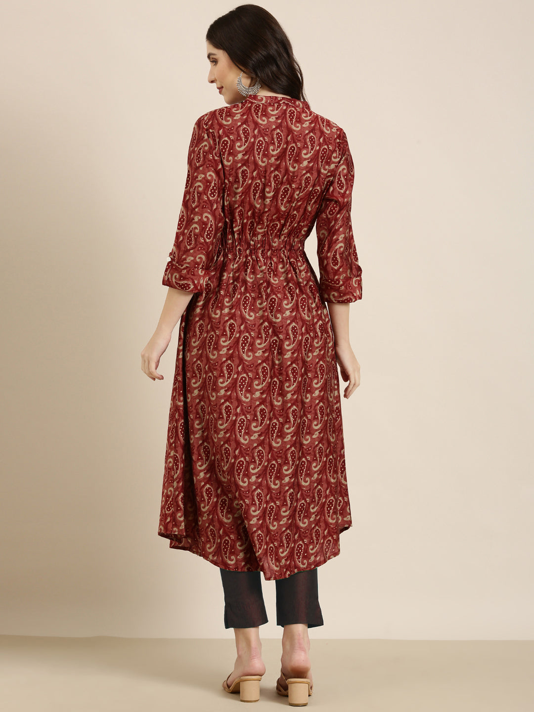 Women's Maroon Ethnic Motifs Printed Band Collar A-Line Kurta