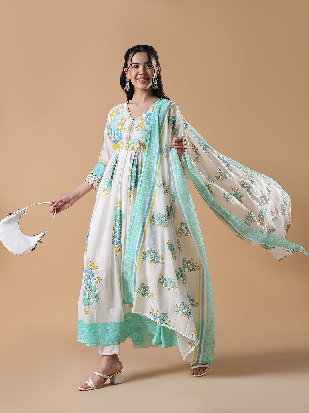 Women's White Floral Cotton Anarkali Kurta with Dupatta
