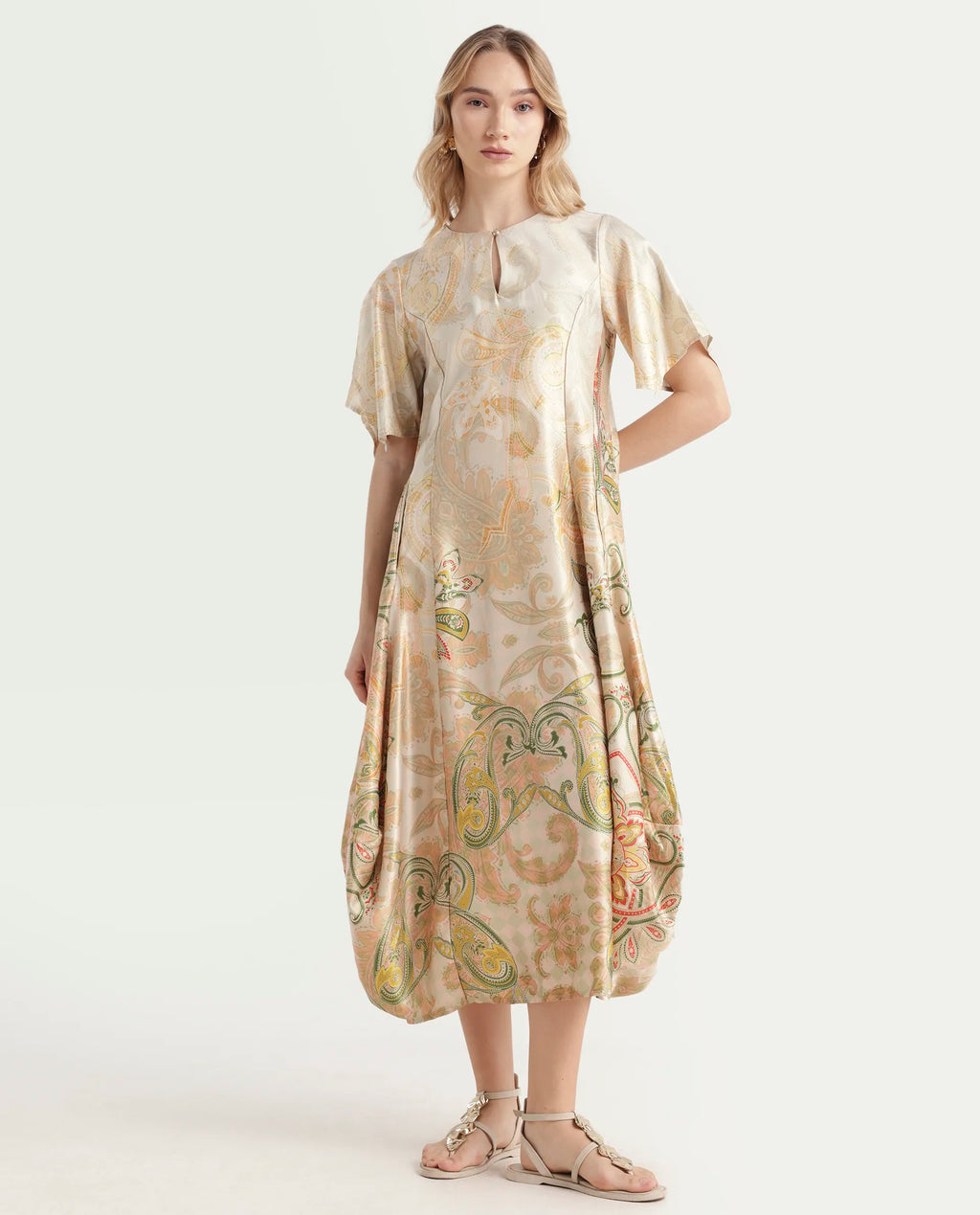 Rareism Women's Ronak Beige Polyester Blend Key Hole Neck Paisley Print Asymmetric Sleeve Midi Relaxed Fit Dress