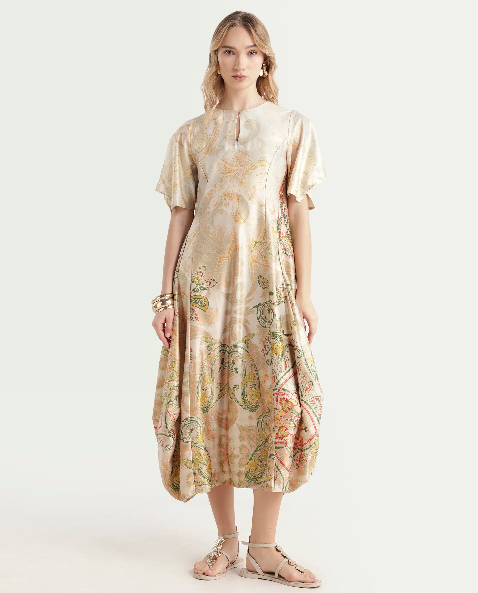 Rareism Women's Ronak Beige Polyester Blend Key Hole Neck Paisley Print Asymmetric Sleeve Midi Relaxed Fit Dress