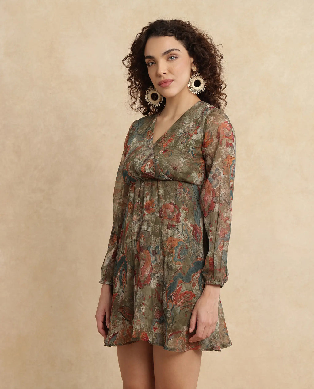 Rareism Women's Ronax Green Polyester V-Neck Floral Print Bishop Sleeve Mini Fit And Flare Dress