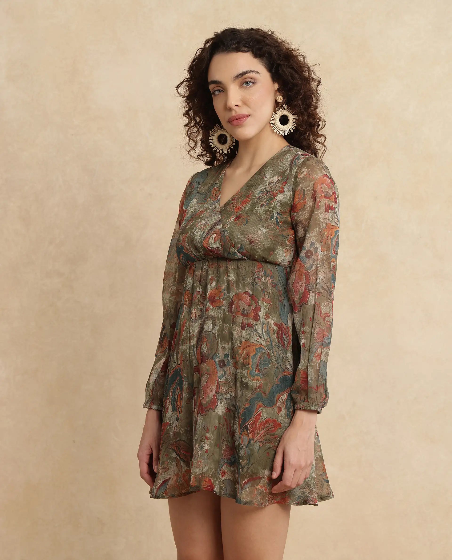 Rareism Women's Ronax Green Polyester V-Neck Floral Print Bishop Sleeve Mini Fit And Flare Dress