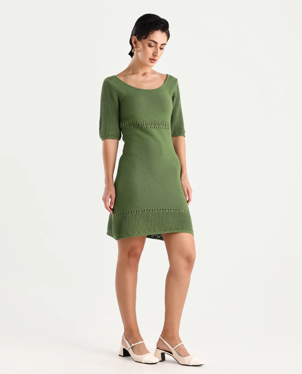 Rareism Women's Roncrod Dusky Olive Cotton Scoop Neck Plain Knee Length A-Line Dress