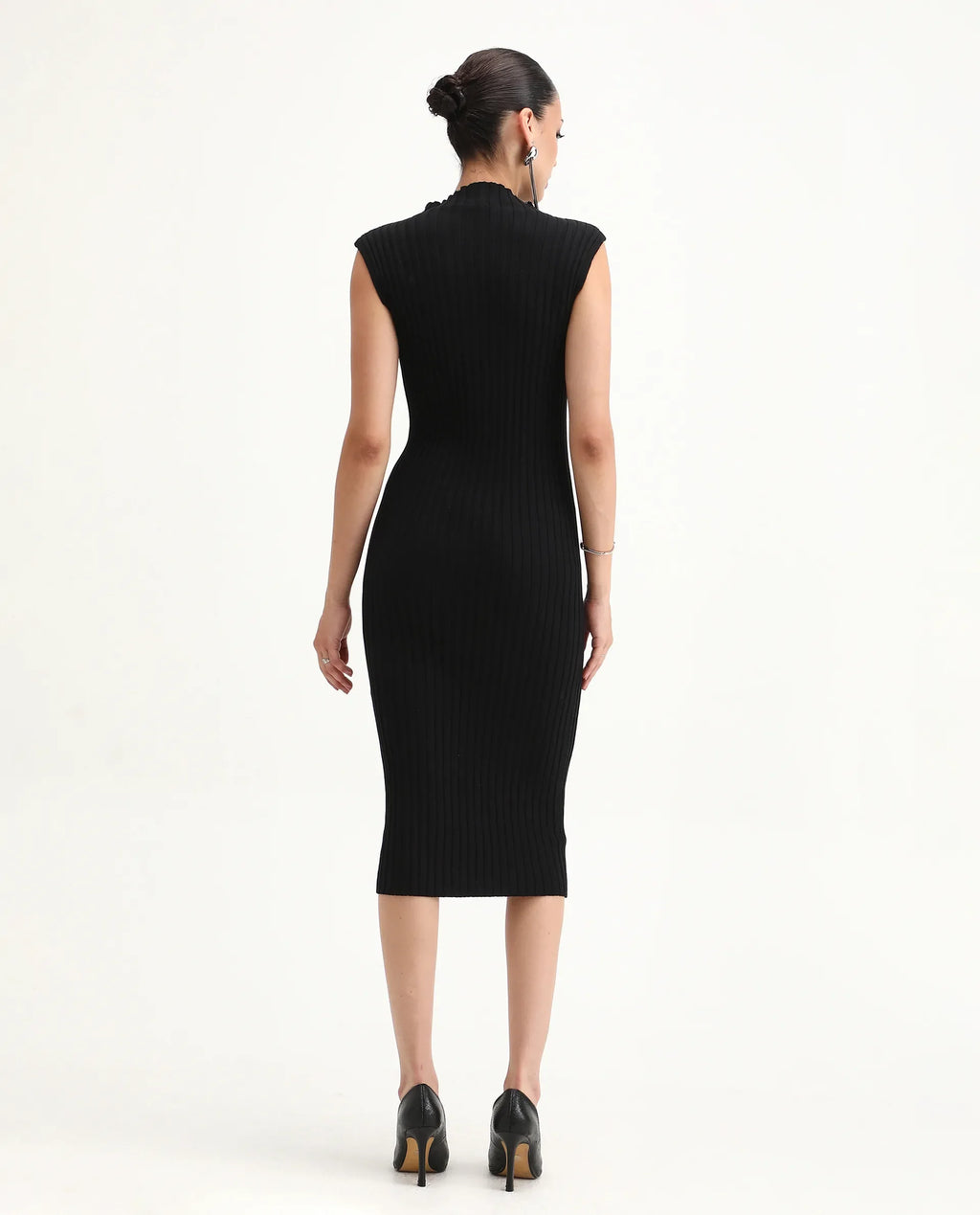 Rareism Women's Ronfa Black Viscose Blend High Neck Plain Sleeveless Midi Bodycon Dress