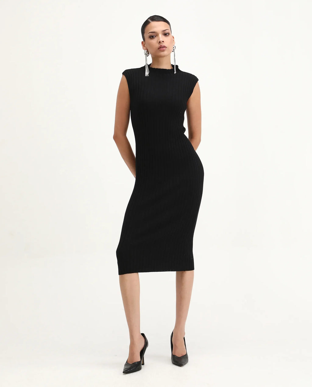 Rareism Women's Ronfa Black Viscose Blend High Neck Plain Sleeveless Midi Bodycon Dress