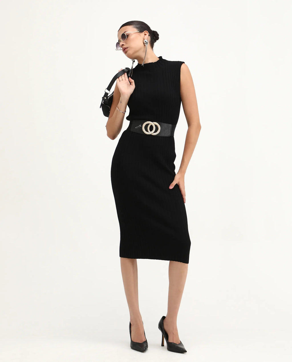 Rareism Women's Ronfa Black Viscose Blend High Neck Plain Sleeveless Midi Bodycon Dress
