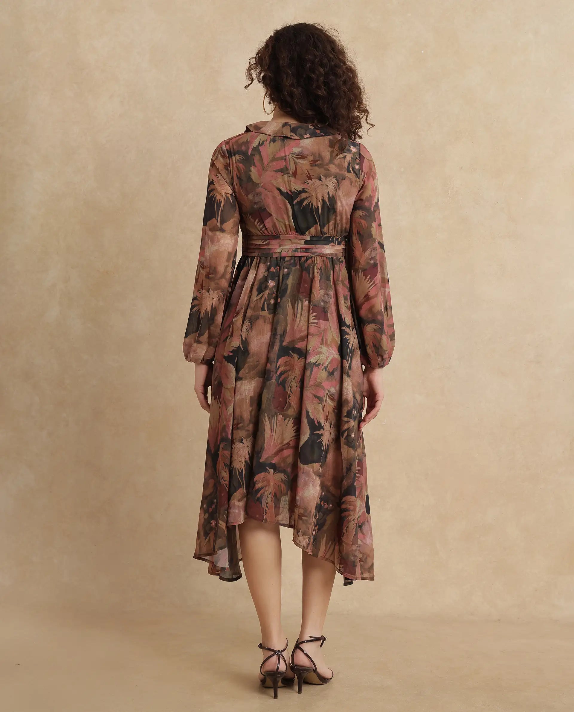 Rareism Women's Ronfriko Dark Green Polyester V-Neck Floral Print Bell Sleeve Midi Fit And Flare Dress