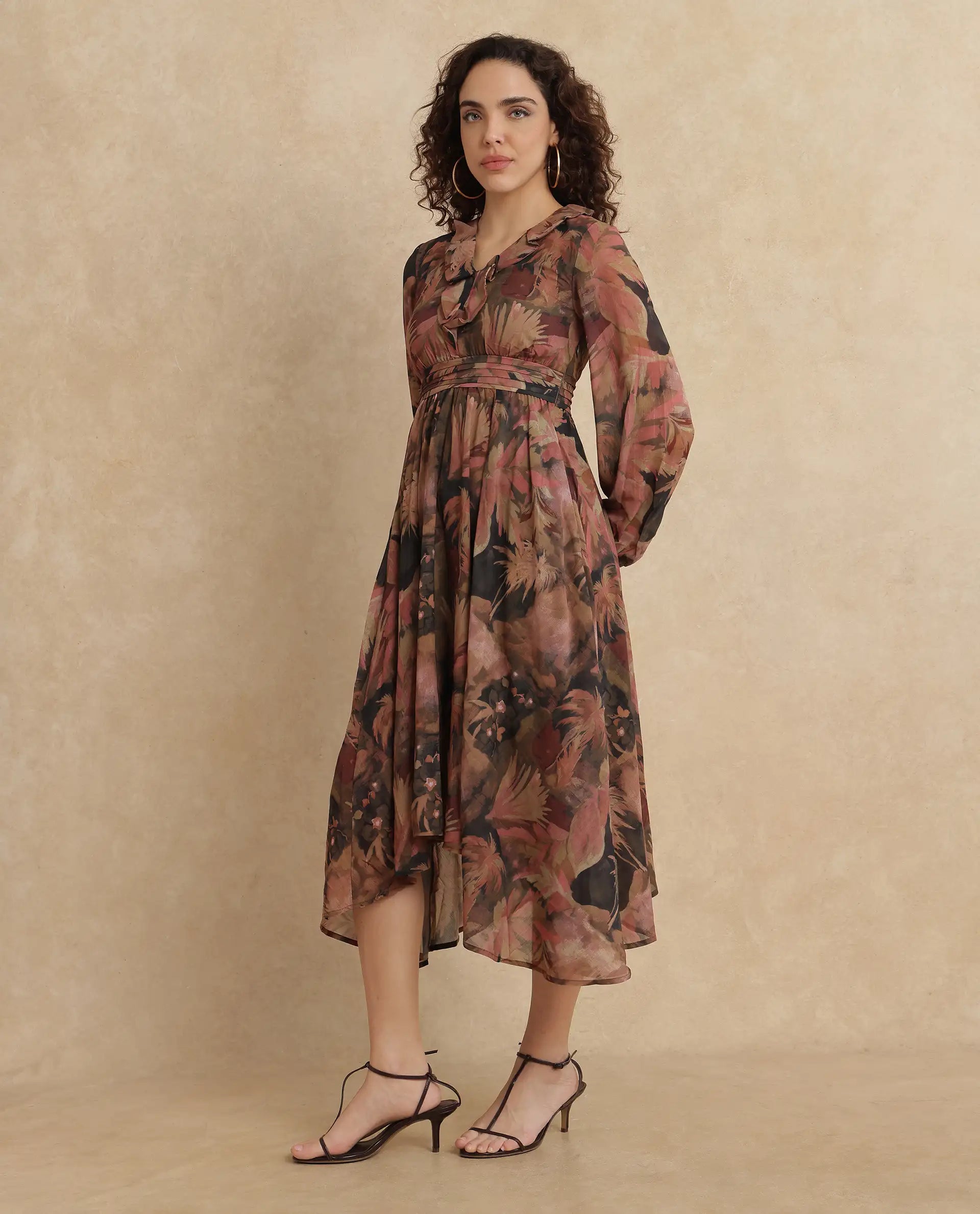 Rareism Women's Ronfriko Dark Green Polyester V-Neck Floral Print Bell Sleeve Midi Fit And Flare Dress