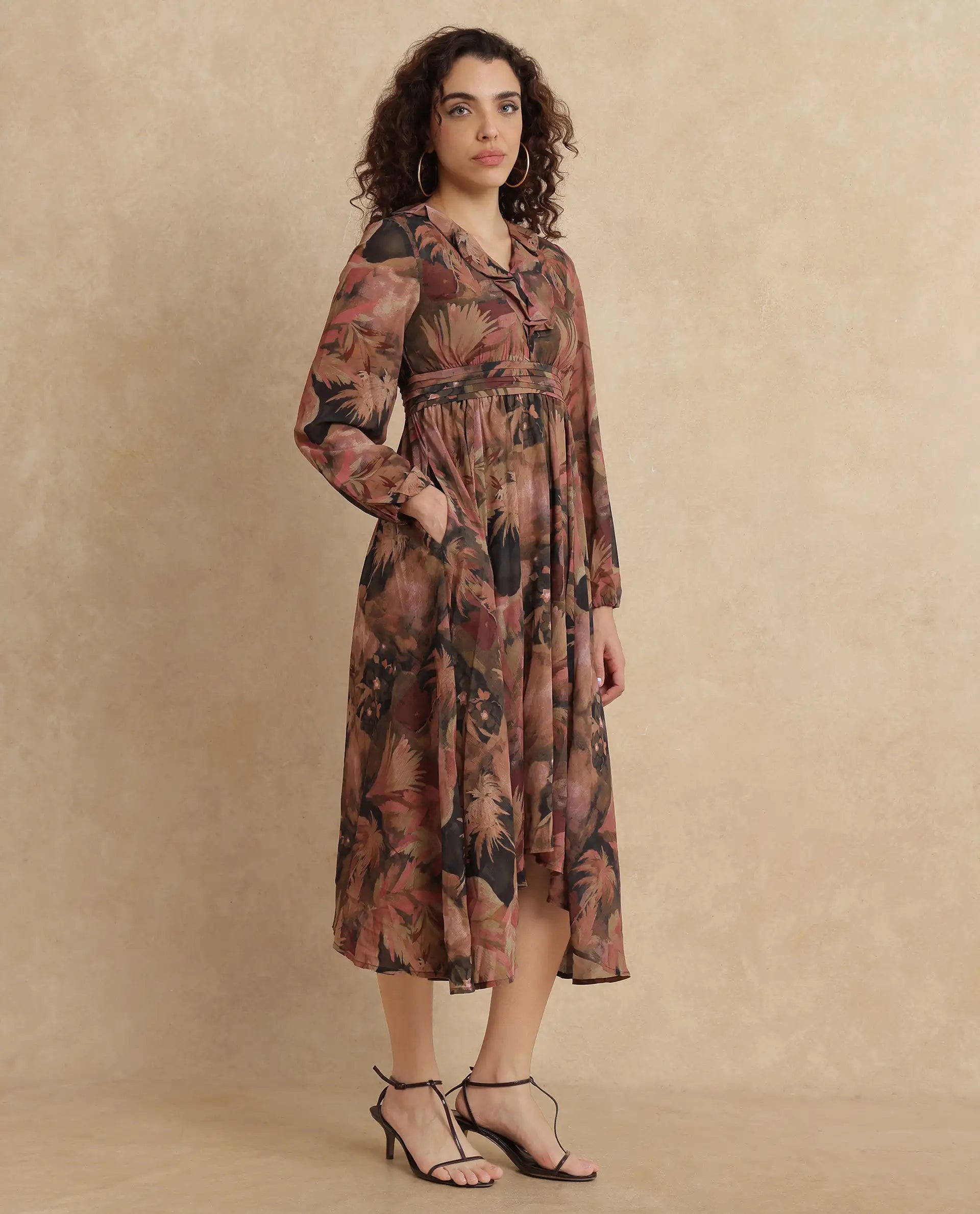 Rareism Women's Ronfriko Dark Green Polyester V-Neck Floral Print Bell Sleeve Midi Fit And Flare Dress