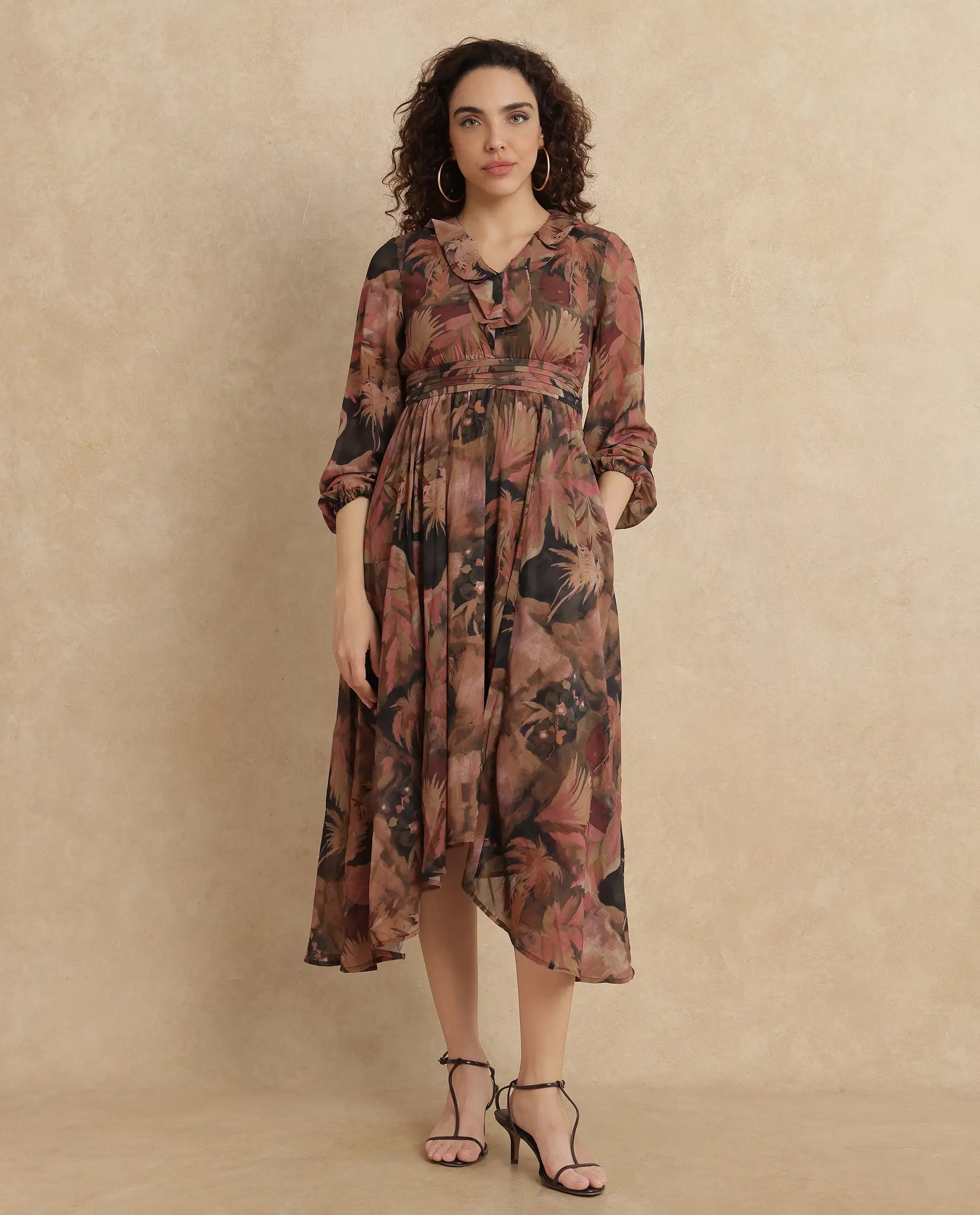 Rareism Women's Ronfriko Dark Green Polyester V-Neck Floral Print Bell Sleeve Midi Fit And Flare Dress