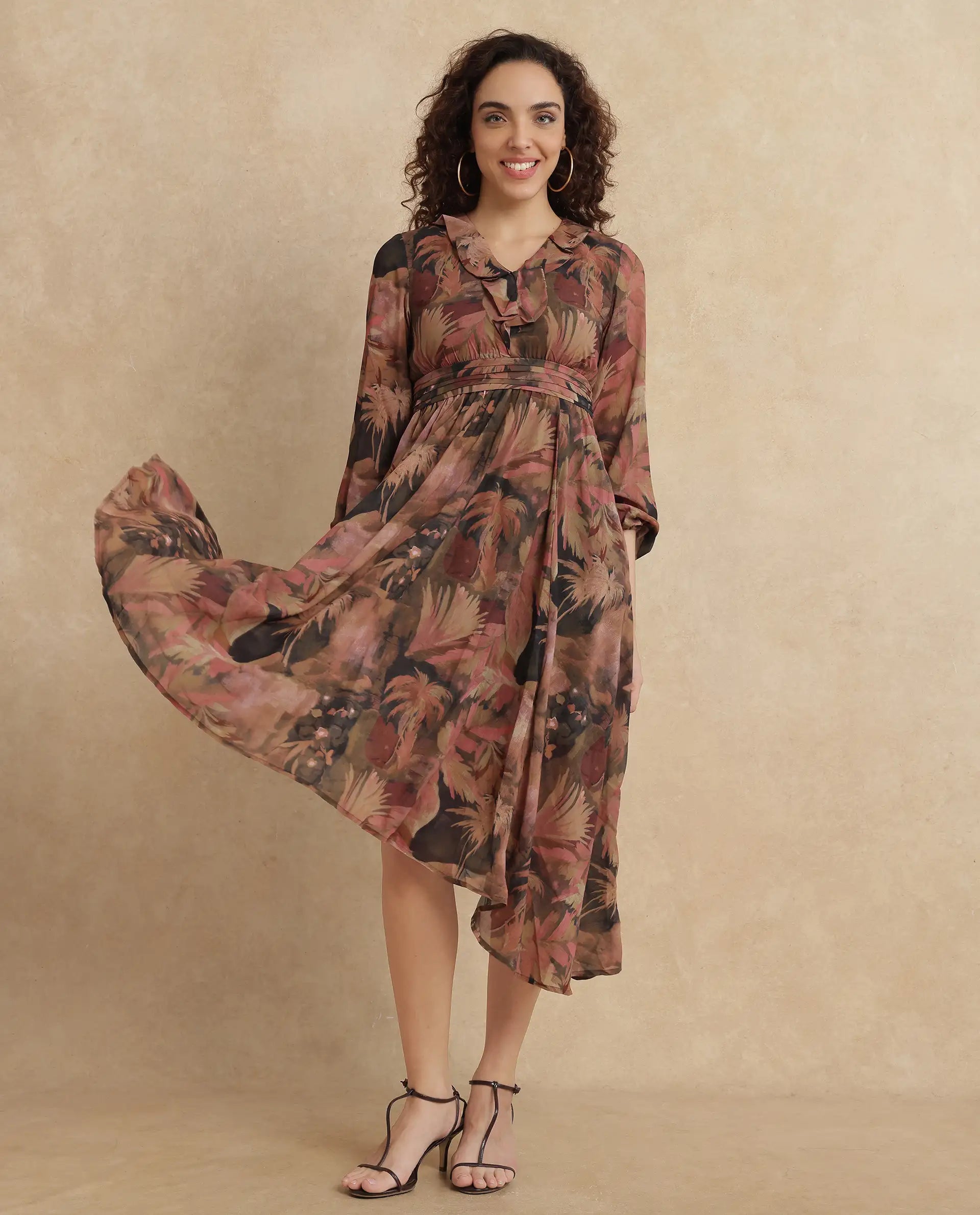 Rareism Women's Ronfriko Dark Green Polyester V-Neck Floral Print Bell Sleeve Midi Fit And Flare Dress