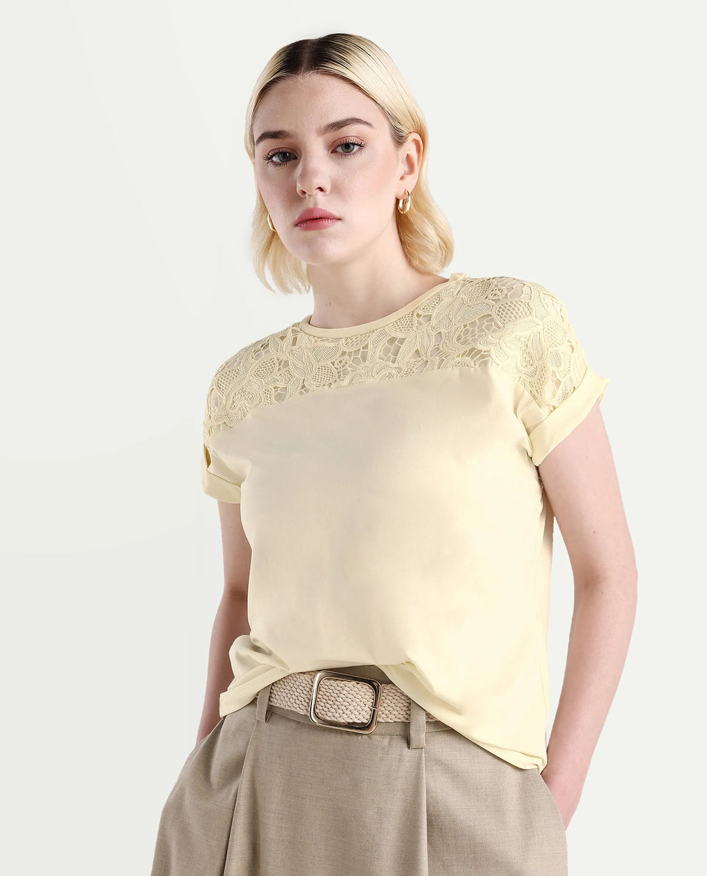 Rareism Women's Ronlac Off White Cotton Blend Round Neck Plain Extended Sleeves Regular Fit T-Shirt