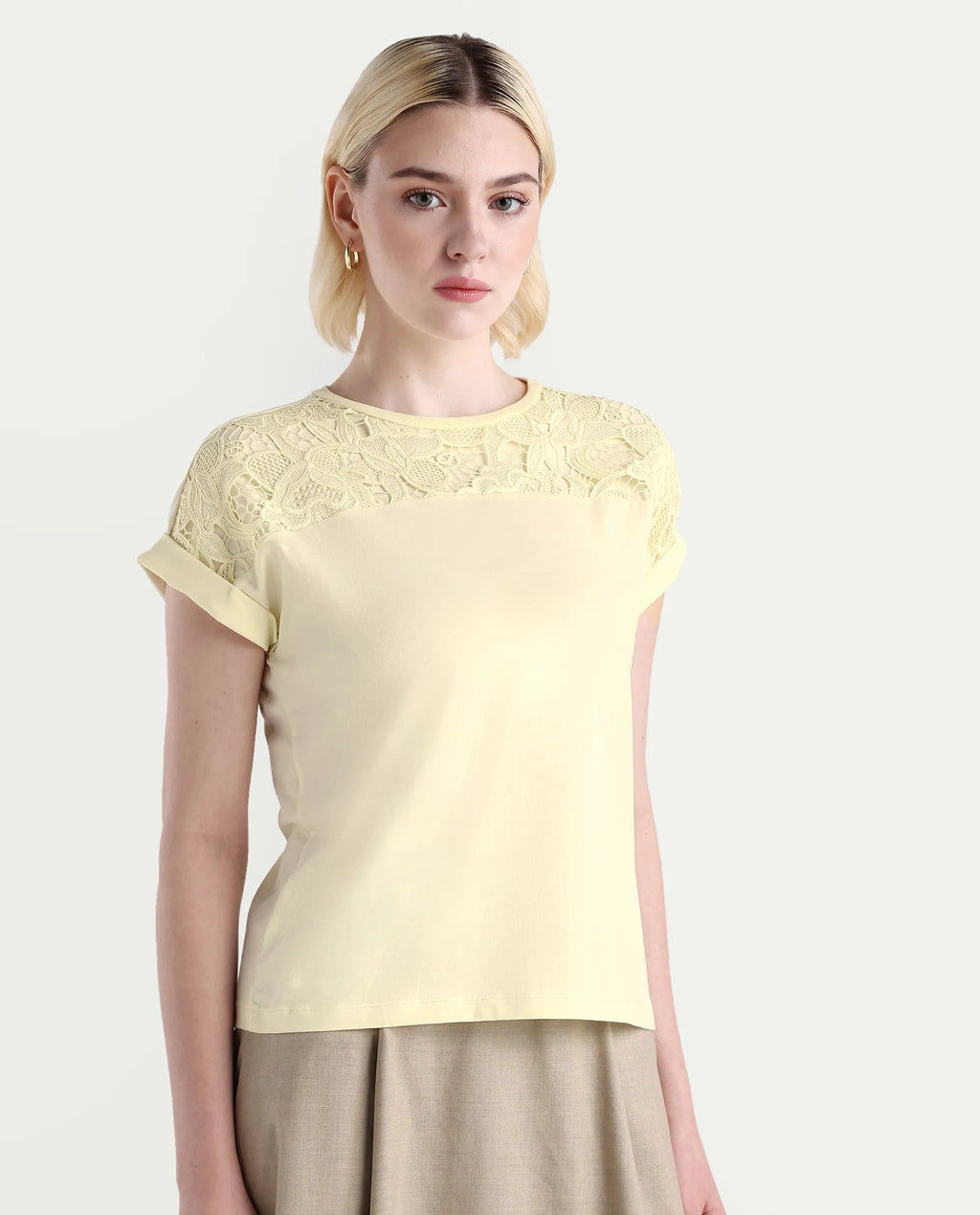 Rareism Women's Ronlac Off White Cotton Blend Round Neck Plain Extended Sleeves Regular Fit T-Shirt