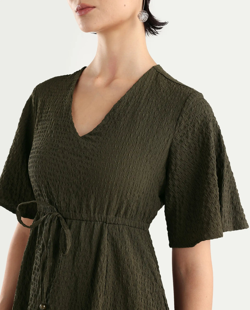 Rareism Women's Ronmien Olive Polyester V-Neck Plain Bell Sleeve Midi A-Line Dress