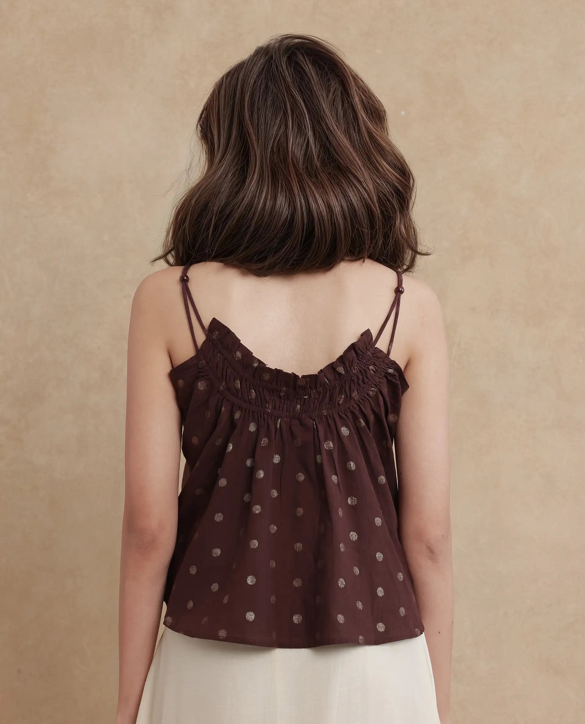 Rareism Women's Ronn Dusky Brown Cotton Blend V-Neck Plain Sleeveless Relaxed Fit Top