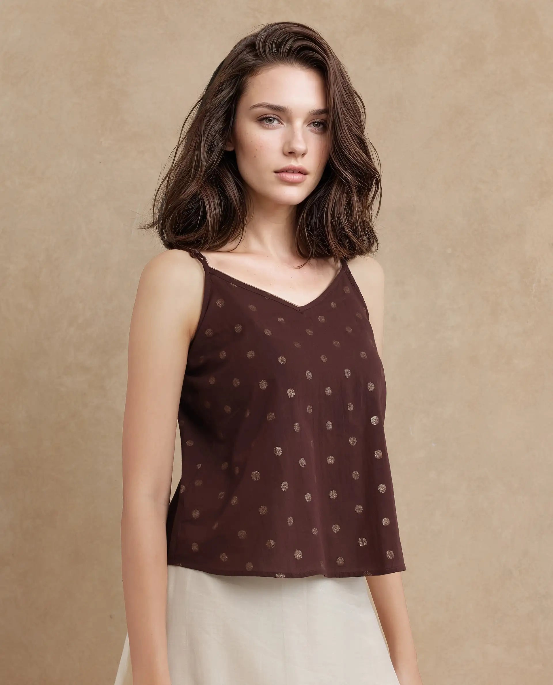 Rareism Women's Ronn Dusky Brown Cotton Blend V-Neck Plain Sleeveless Relaxed Fit Top
