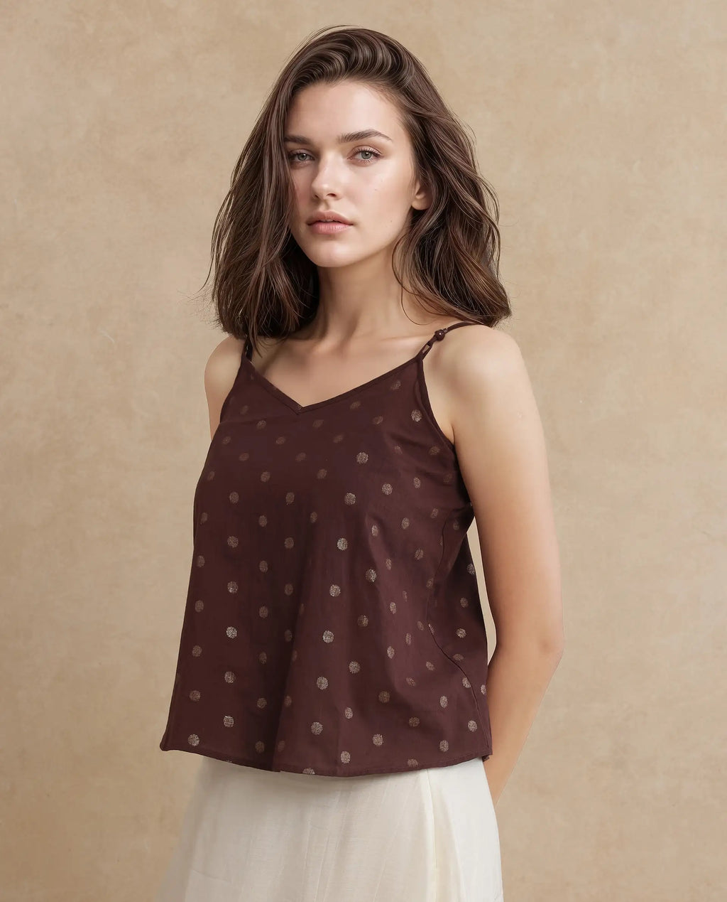 Rareism Women's Ronn Dusky Brown Cotton Blend V-Neck Plain Sleeveless Relaxed Fit Top