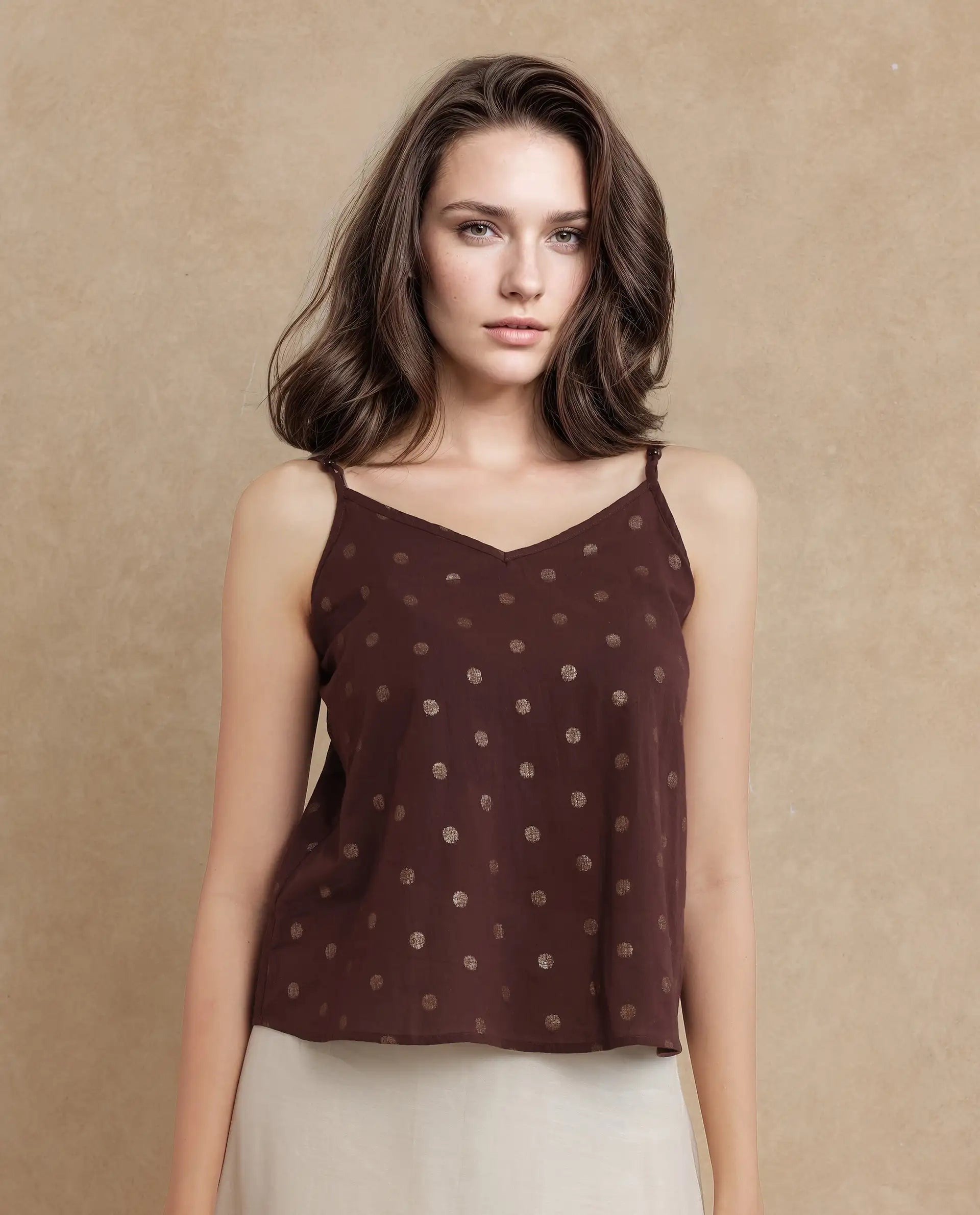 Rareism Women's Ronn Dusky Brown Cotton Blend V-Neck Plain Sleeveless Relaxed Fit Top