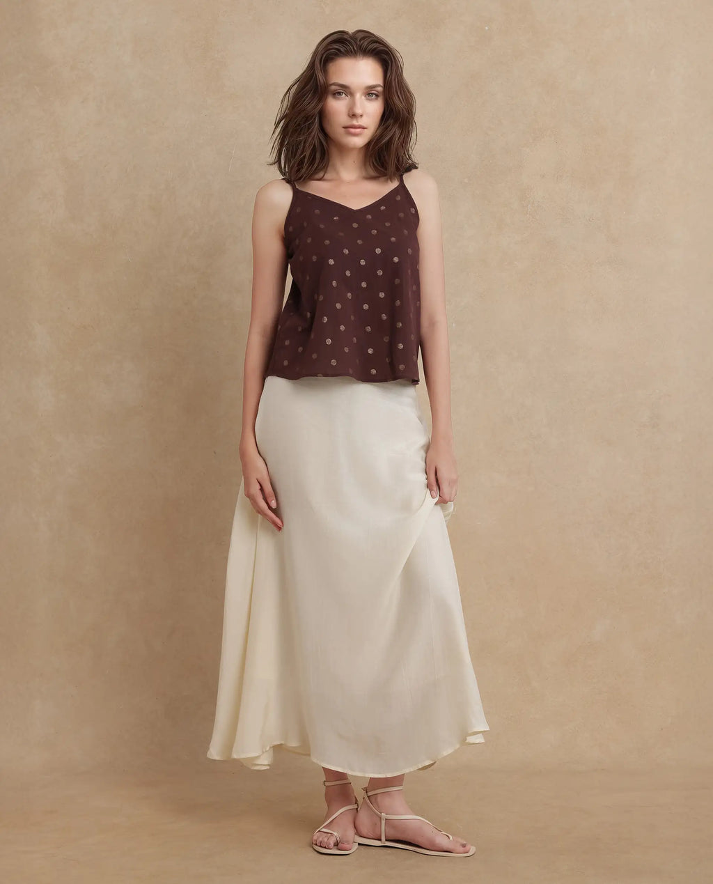 Rareism Women's Ronn Dusky Brown Cotton Blend V-Neck Plain Sleeveless Relaxed Fit Top