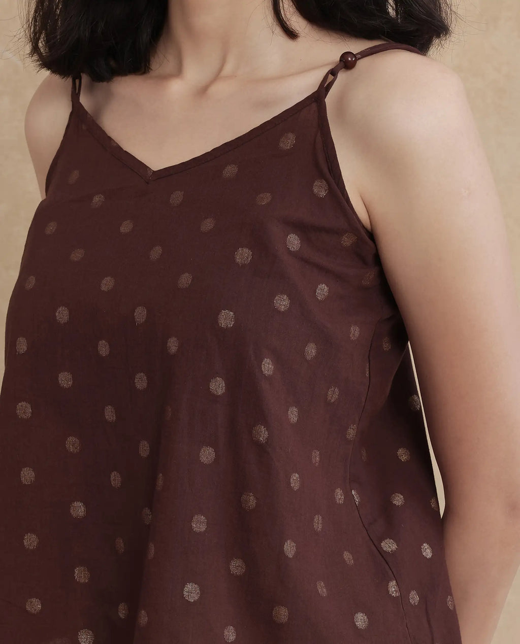 Rareism Women's Ronn Dusky Brown Cotton Blend V-Neck Plain Sleeveless Relaxed Fit Top