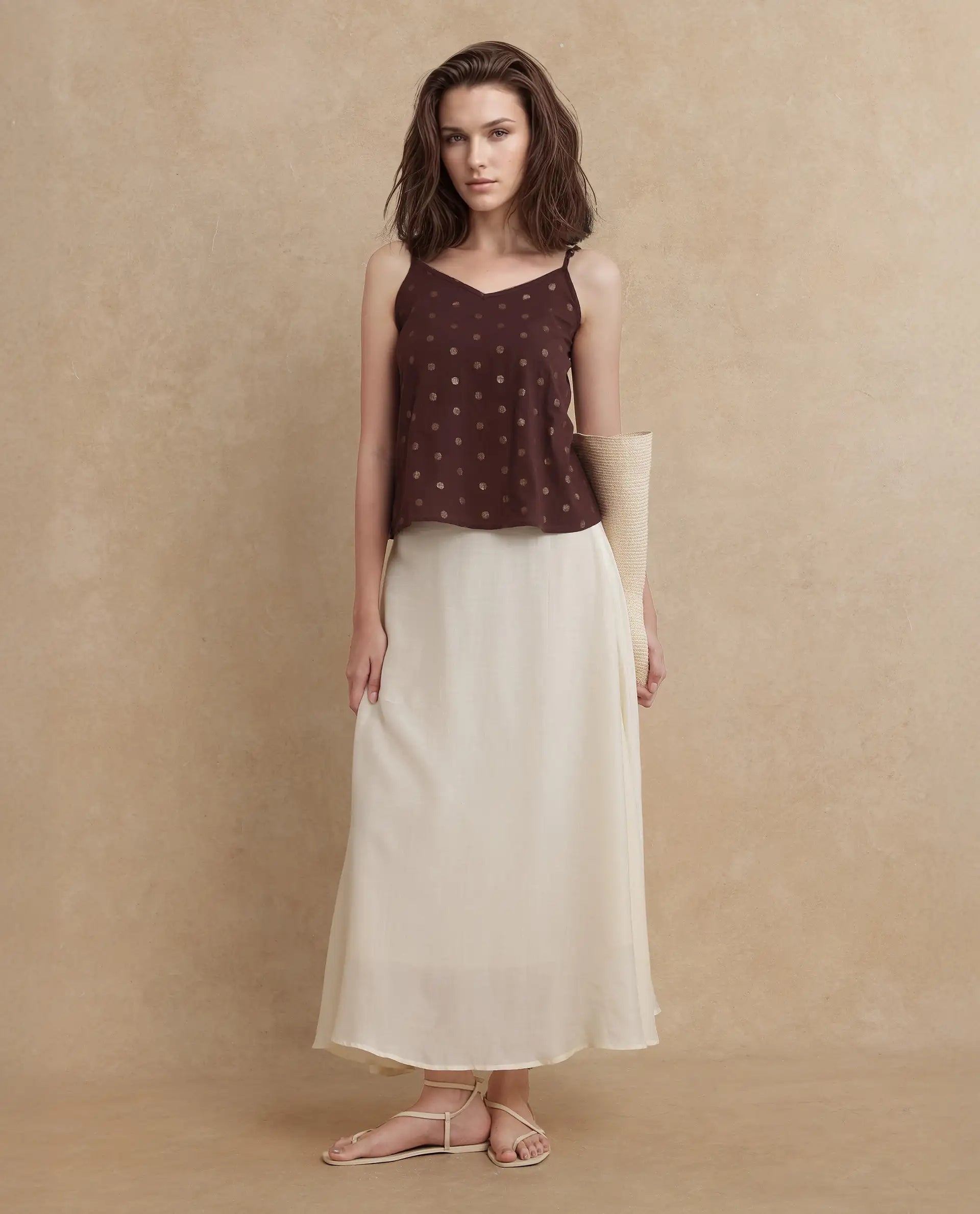 Rareism Women's Ronn Dusky Brown Cotton Blend V-Neck Plain Sleeveless Relaxed Fit Top