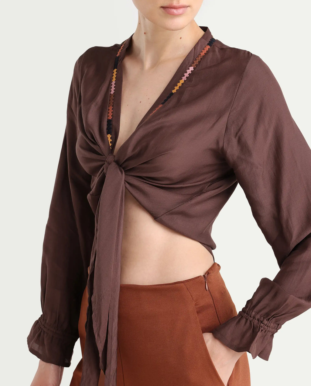 Rareism Women's Ronoko Brown Viscose Blend Collarless Plain Bishop Sleeve Regular Fit Shrug