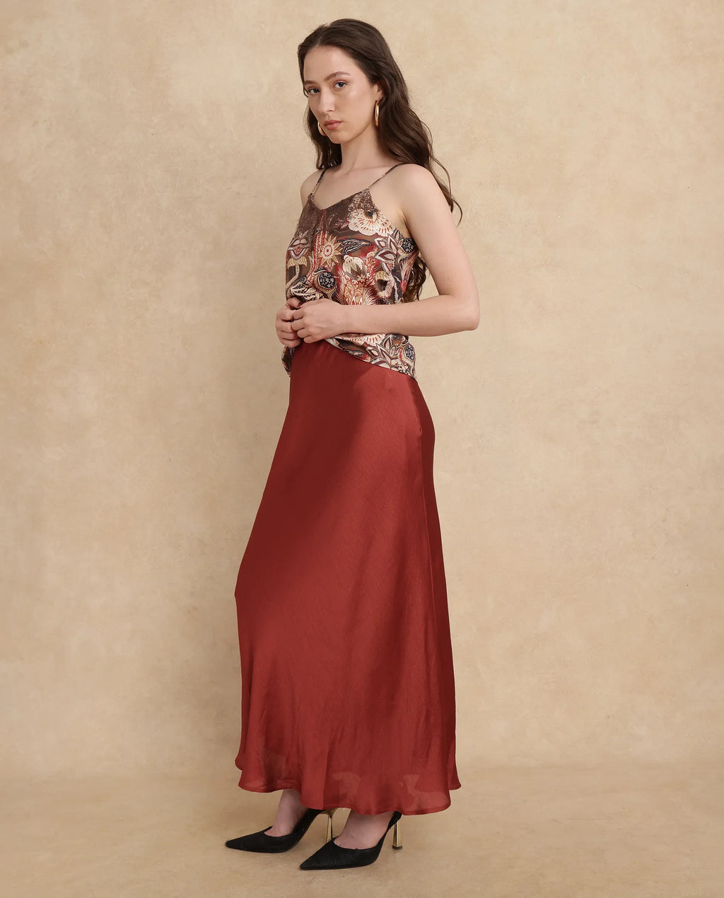 Rareism Women's Ronu B Rust Polyester Plain Maxi Fitted Skirt