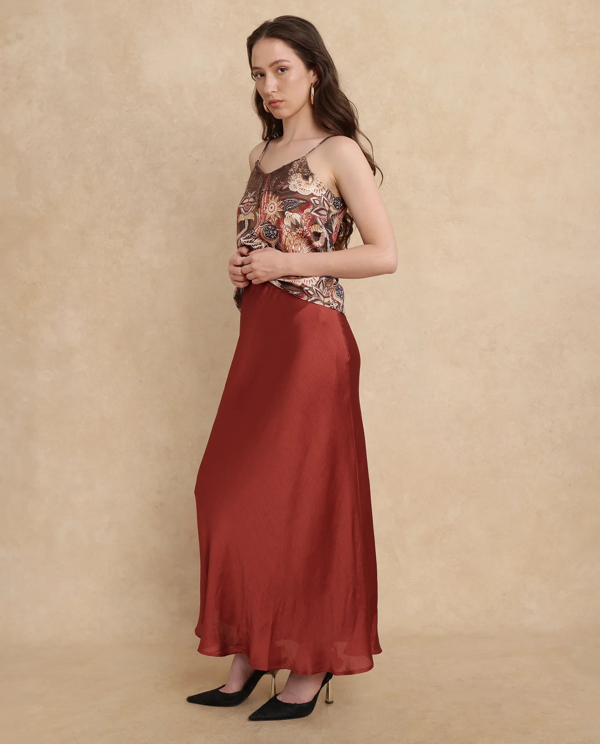 Rareism Women's Ronu B Rust Polyester Plain Maxi Fitted Skirt