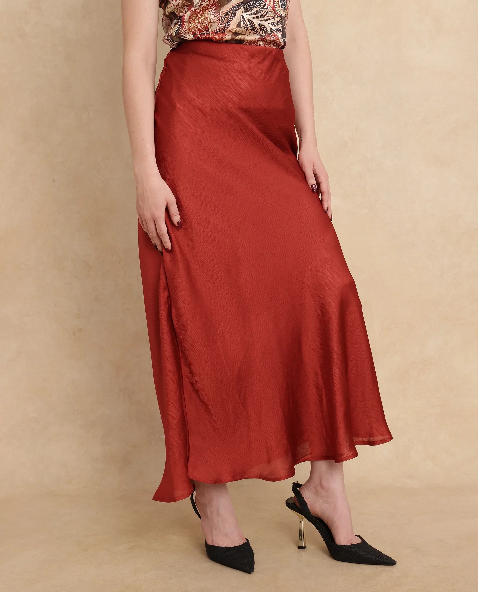 Rareism Women's Ronu B Rust Polyester Plain Maxi Fitted Skirt