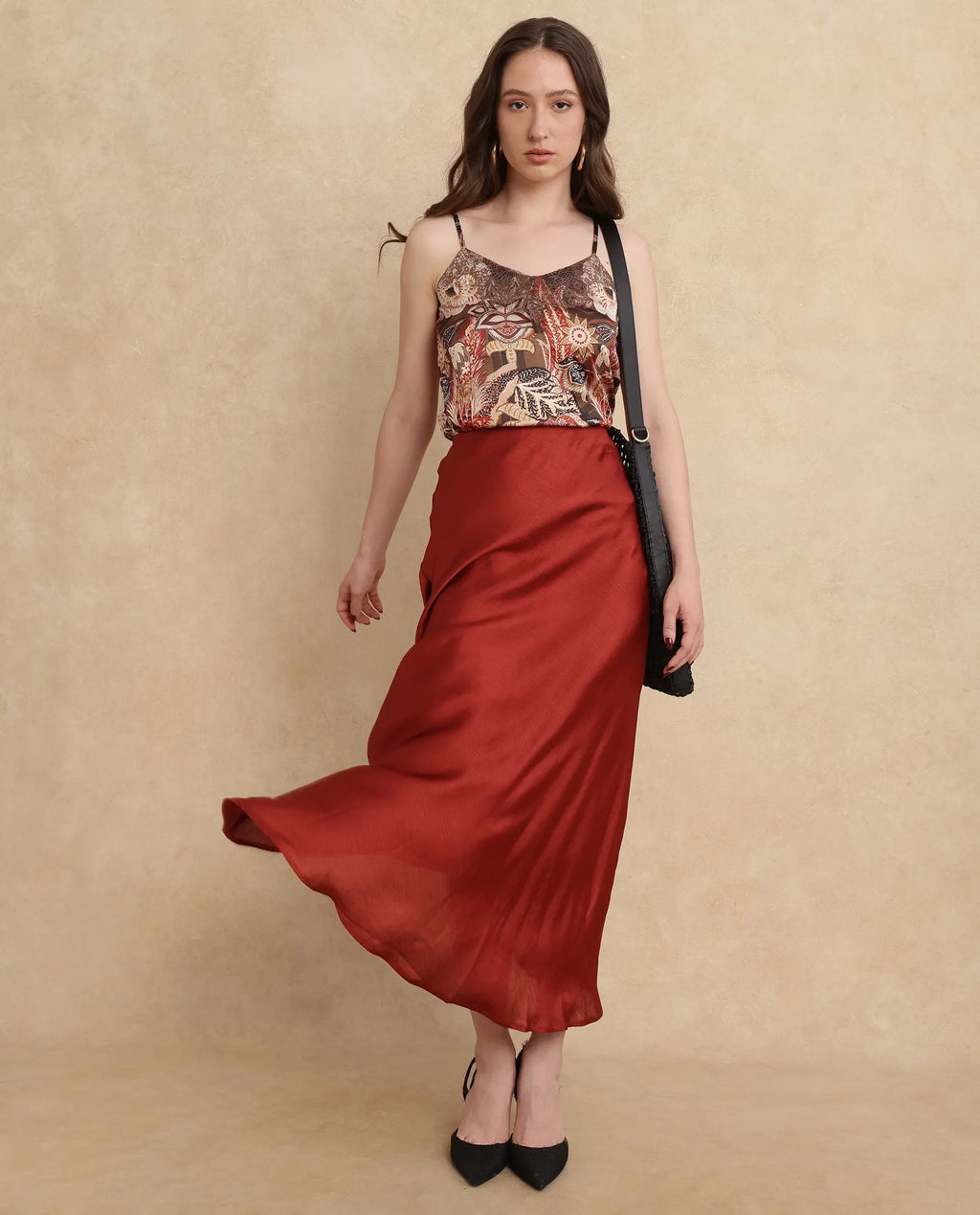 Rareism Women's Ronu B Rust Polyester Plain Maxi Fitted Skirt