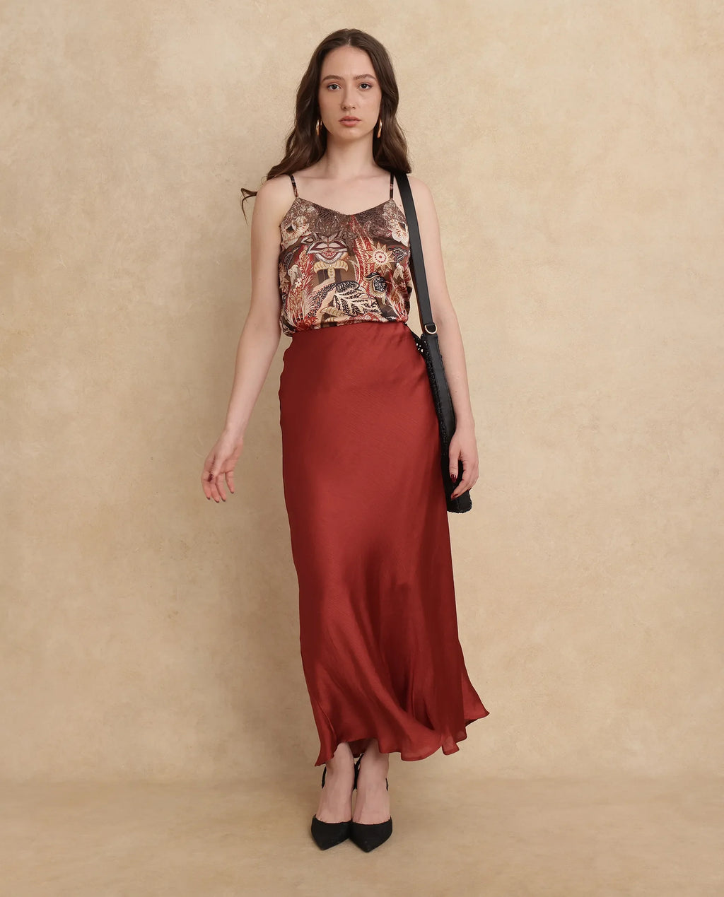 Rareism Women's Ronu B Rust Polyester Plain Maxi Fitted Skirt