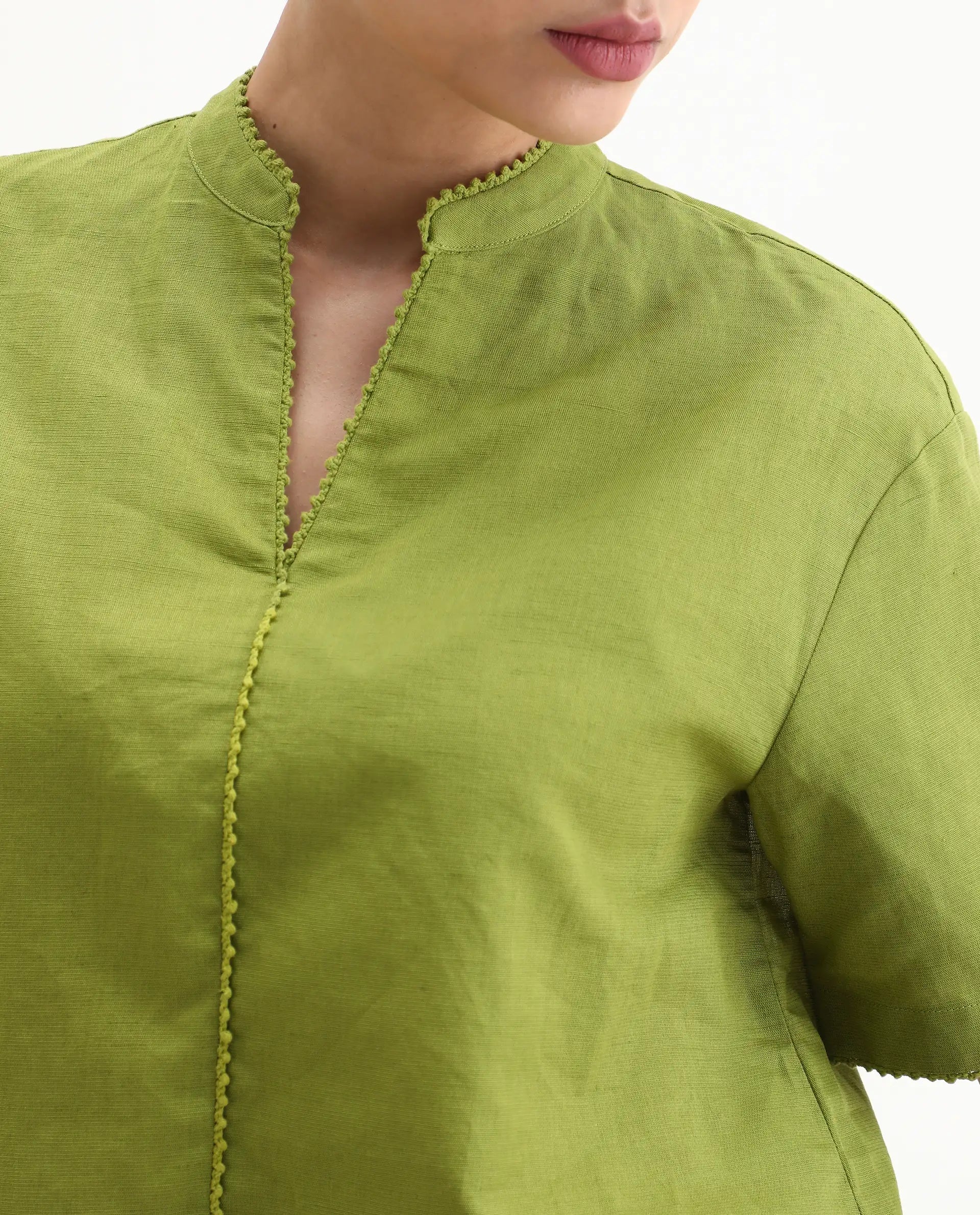 Rareism Women's Rony Olive Linen Mandarin Collar Plain Regular Fit Top