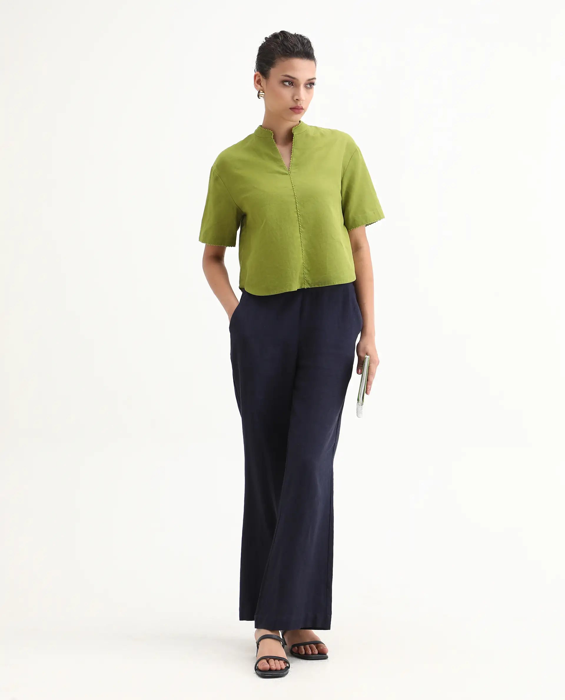 Rareism Women's Rony Olive Linen Mandarin Collar Plain Regular Fit Top