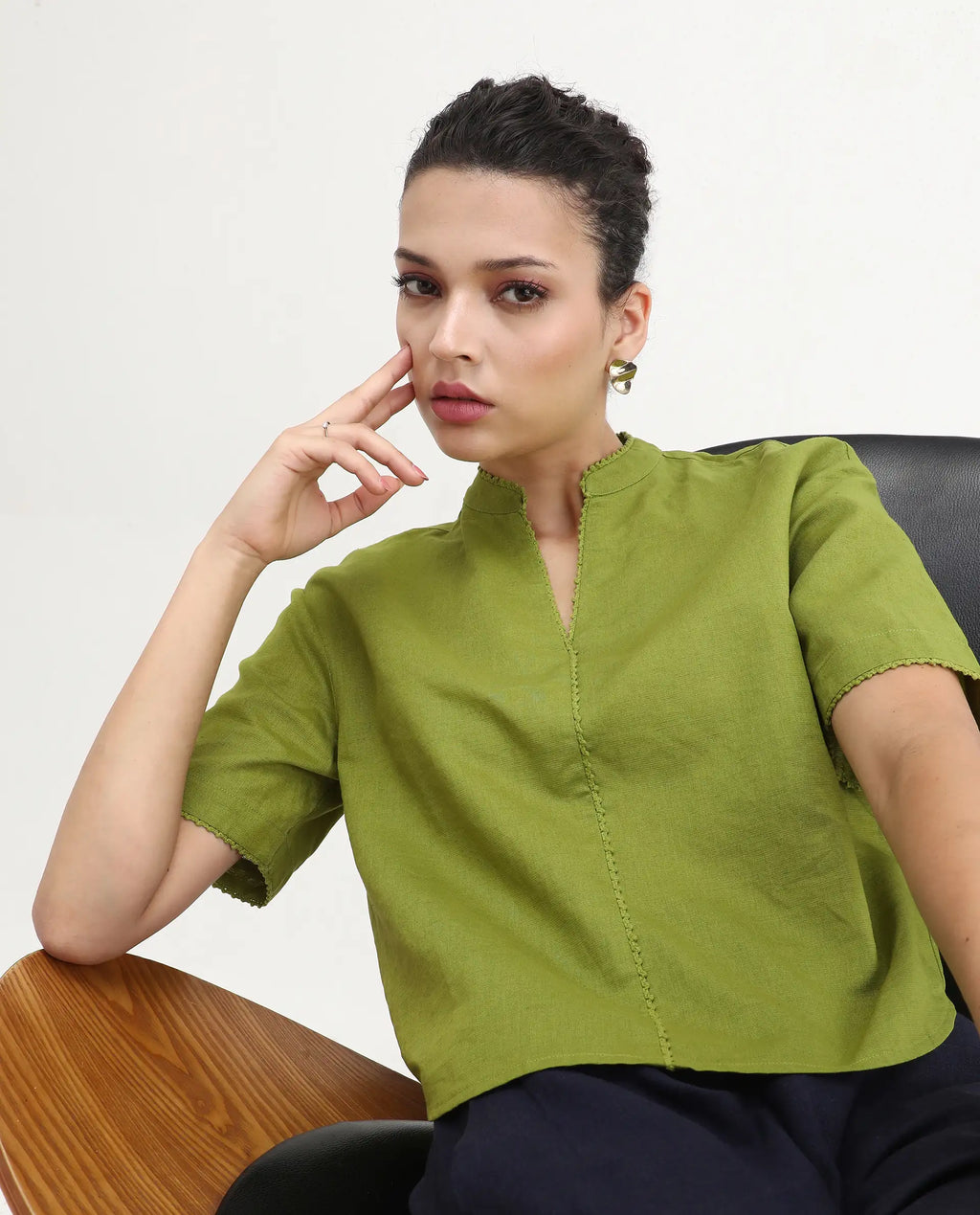 Rareism Women's Rony Olive Linen Mandarin Collar Plain Regular Fit Top