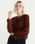 Rareism Women's Ronzmu Dark Brown Cotton Tie-Up Neck Plain Regular Fit Top