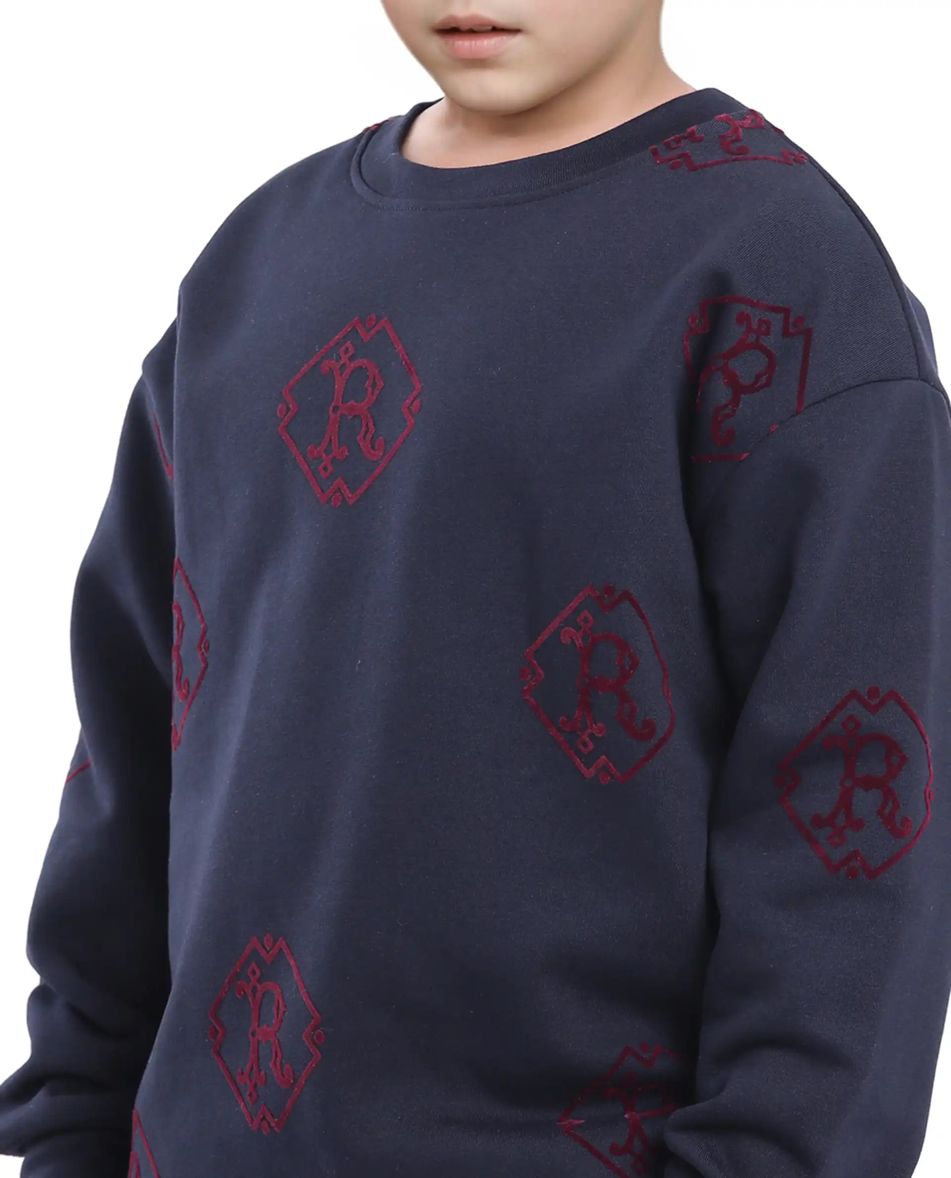 Rare Ones Kids Ronz Navy Cotton Poly Full Sleeve Flock Print Sweatshirt